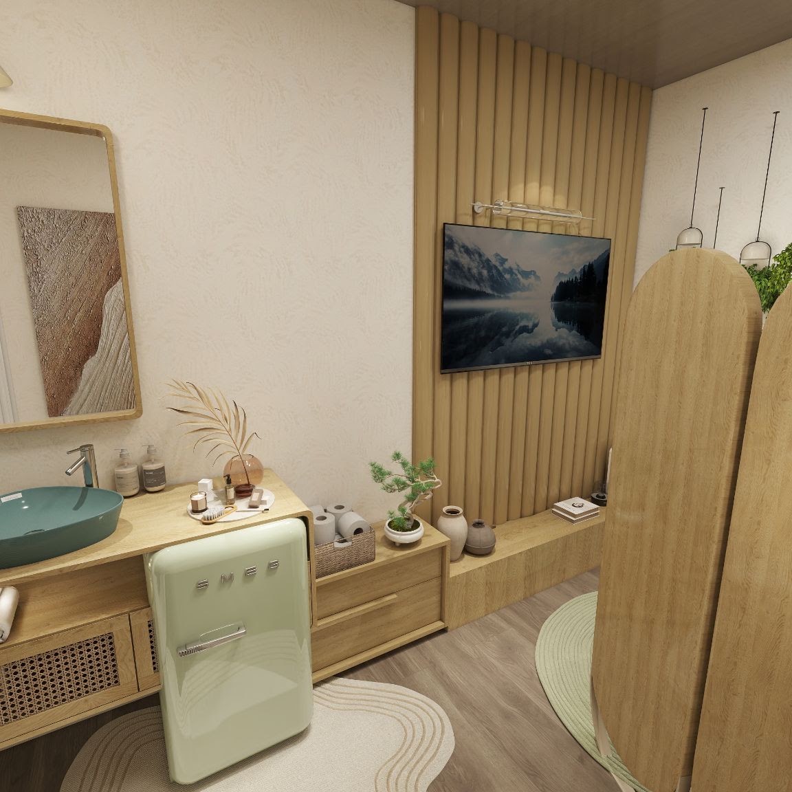 Warm lactation room proposal with privacy screen and natural materials