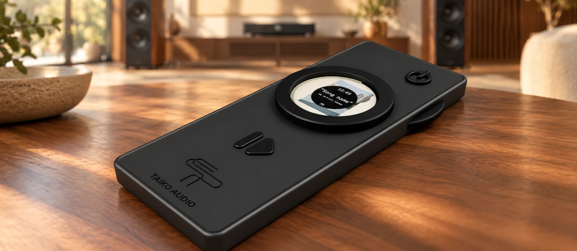 Rectangular remote concept with a circular display and tactile controls.